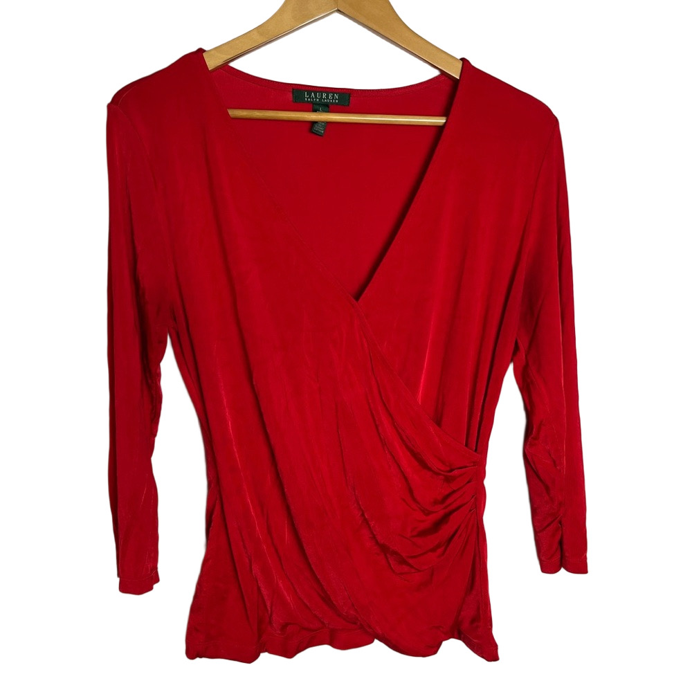 Ralph Lauren Wrap Blouse V Neck Red Women’s Large Feminine Classic Preppy
